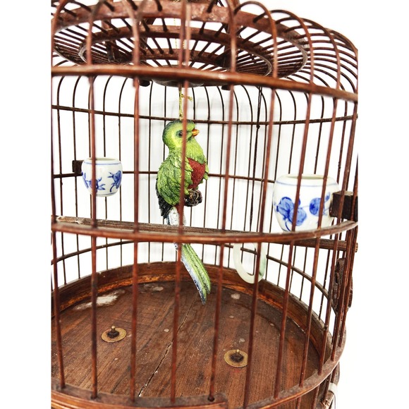 Vintage Hanging Wood Bamboo Bird Cage w/ Bird Ornament - Picture 2 of 12